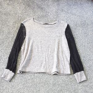 SHEIN Gray Top with Black Lace Sleeves